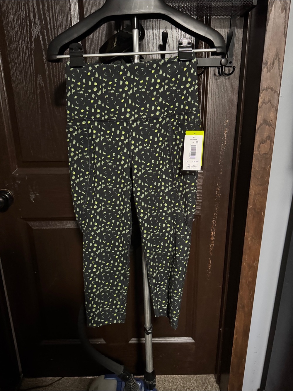 Womens 3/4 length Leggings with Neon Green Leopard Spots and back mesh cutout